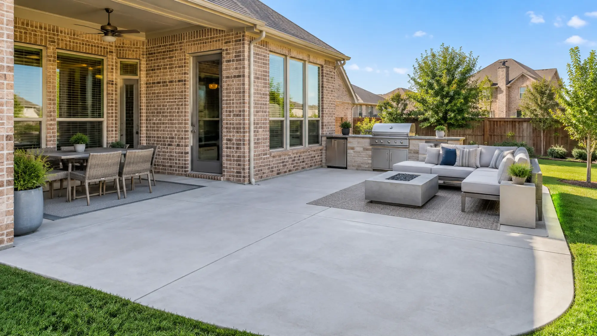 Finished concrete patio behind a home